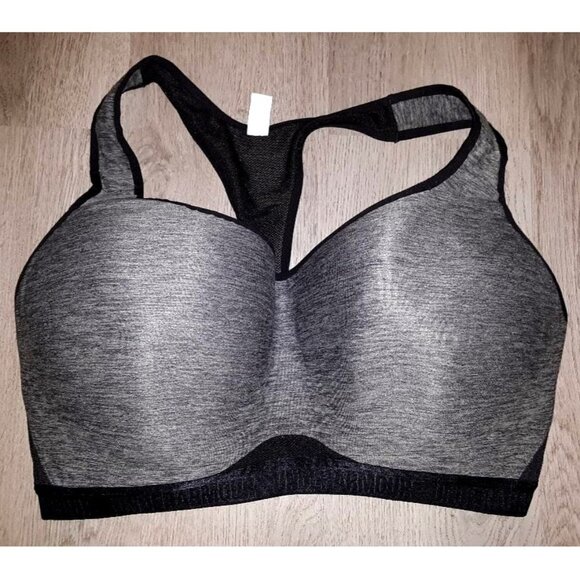 Under Armour Heat Gear Compression Sports Bra Size 36DD Black and Grey Racerback - Picture 1 of 3